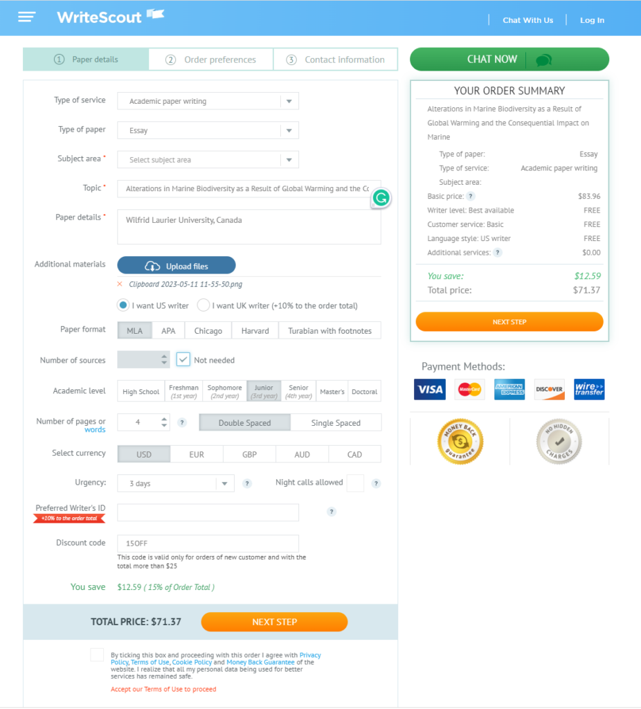 WriteScout order form