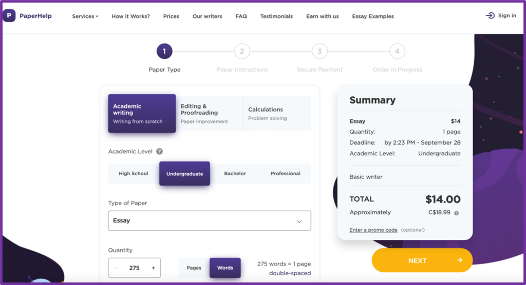 paperhelp website price calculation